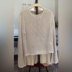 Open Knit Long Sleeve Sheer Sweater Womens Medium Tan Beige Taupe